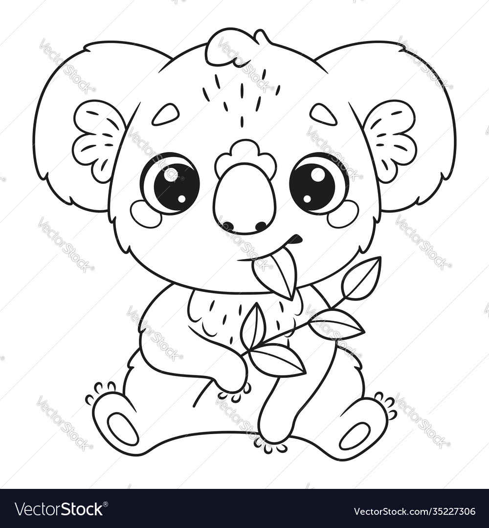 Cute koala eating leaves coloring page royalty free vector