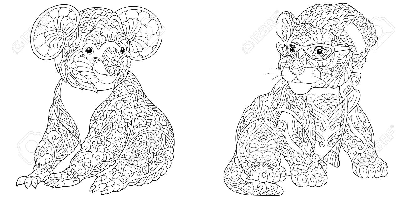 Coloring pages koala bear and tiger in hipster clothes line art design for adult colouring book with doodle and elements vector illustration royalty free svg cliparts vectors and stock illustration image