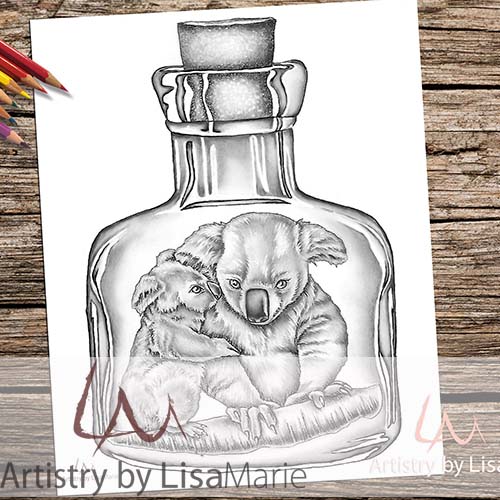 Mom koala and baby in bottle printable coloring book page â artistry by lisa marie