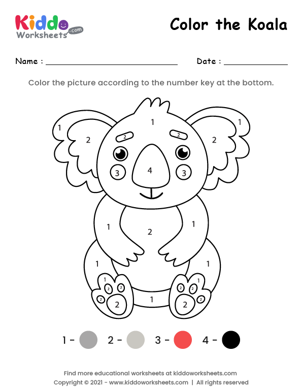 Free printable color the koala worksheet