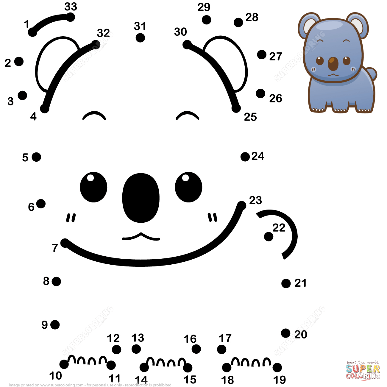 Cute baby koala dot to dot free printable coloring pages