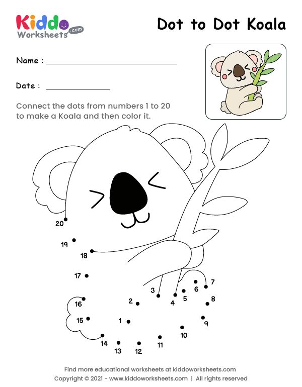 Free printable dot to dot koala worksheet