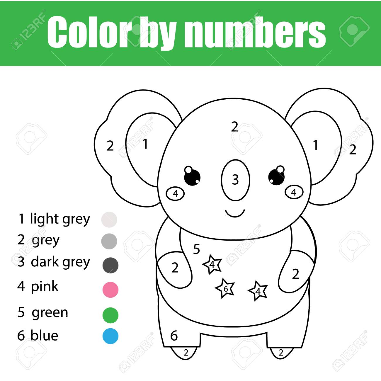 Children educational game coloring page with cute koala color by numbers printable activity worksheet for toddlers and pre school age animals theme royalty free svg cliparts vectors and stock illustration image