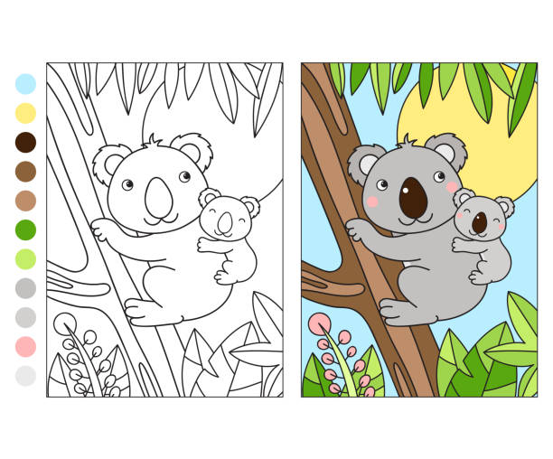 Colorful and black and white pattern for coloring with koala stock illustration