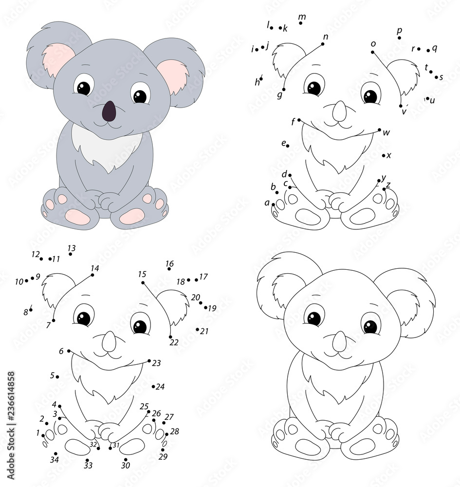 Cartoon koala coloring book and dot to dot game for kids vector