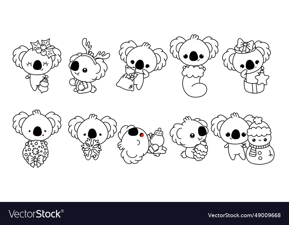 Set of kawaii christmas koala bear coloring page vector image