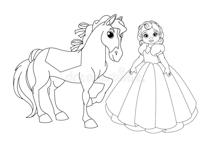 Cute princess and horse coloring book page stock vector