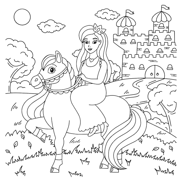 Premium vector cute horse with princess farm animal coloring book page for kids