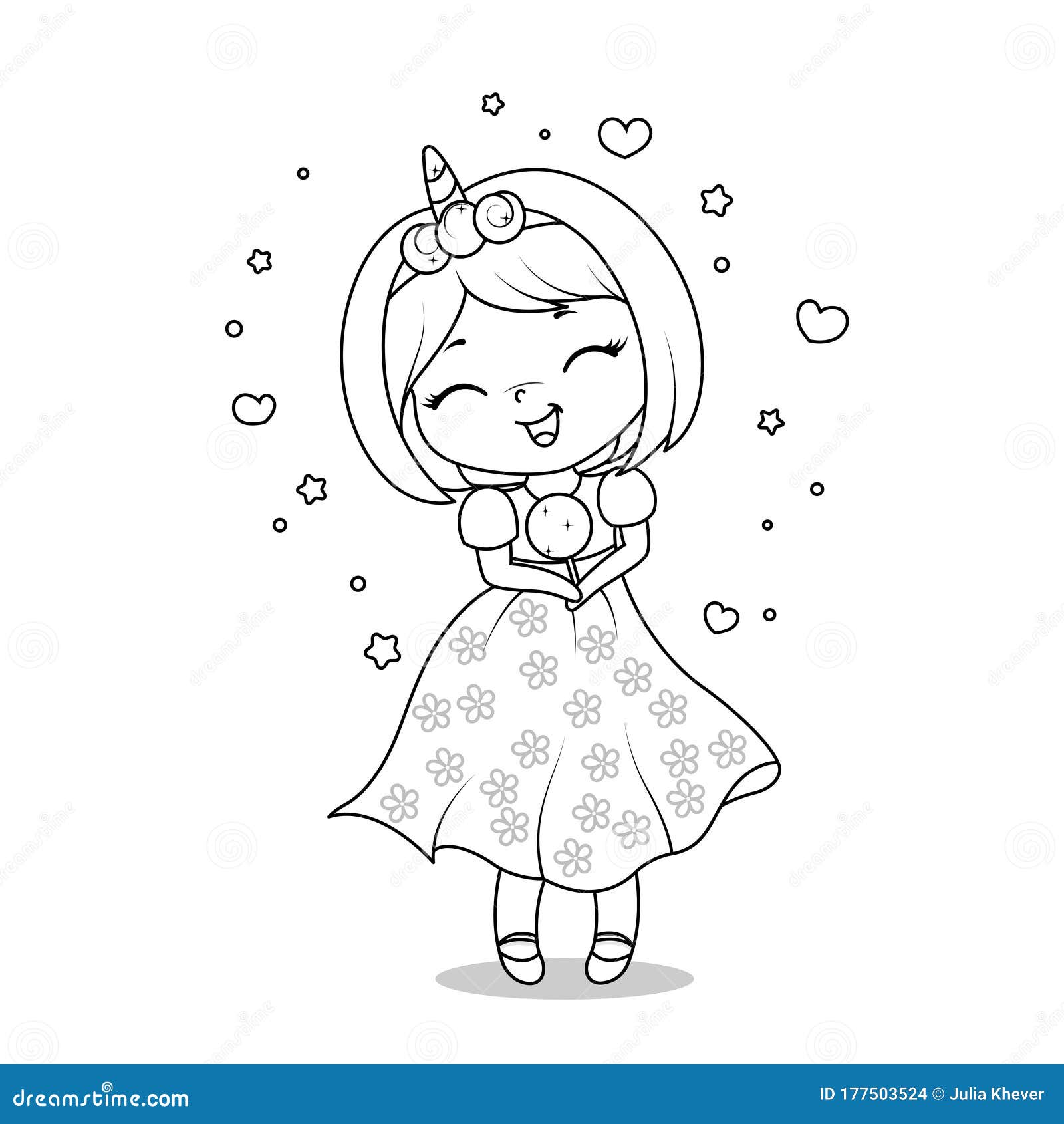 Coloring page for kids with little unicorn princess with tasty candy stock vector