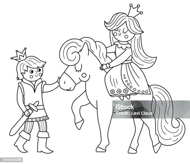 Fairy tale black and white vector princess riding a pink horse fantasy line girl in crown coloring page medieval fairytale maid girlish cartoon magic icon with cute character stock illustration