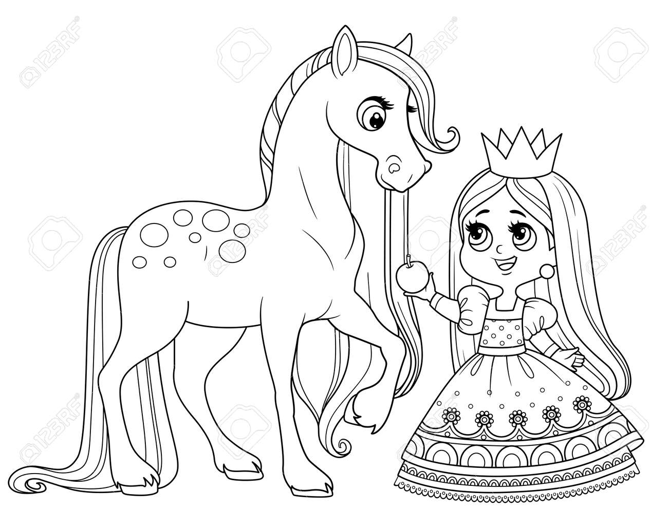 Cute cartoon princess feed a horse an apple outlined for coloring book royalty free svg cliparts vectors and stock illustration image