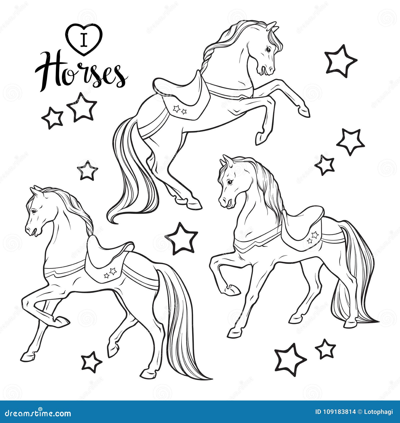 Cute horses and stars set isolated vector illustration coloring book pages for adults and kids stock vector