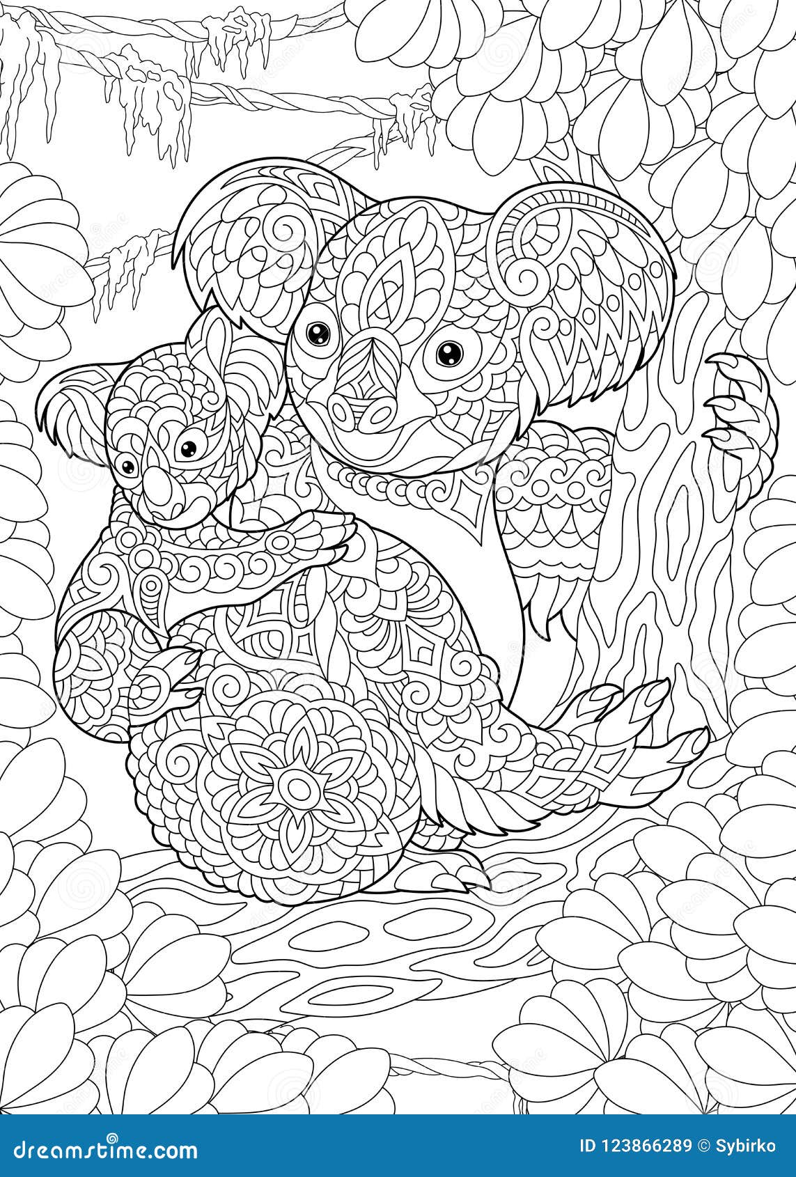 Zentangle koala bears stock vector illustration of background