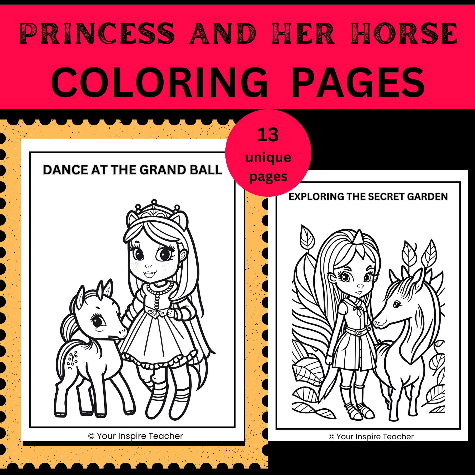 Unique adorable princess and her horse coloring pages