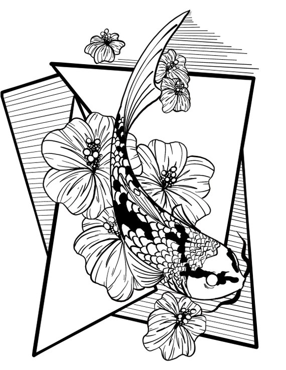 Cool koi fish printable coloring page for adult stress relief carp and hibiscus flowers coloring sheet anime and fish lovers alike