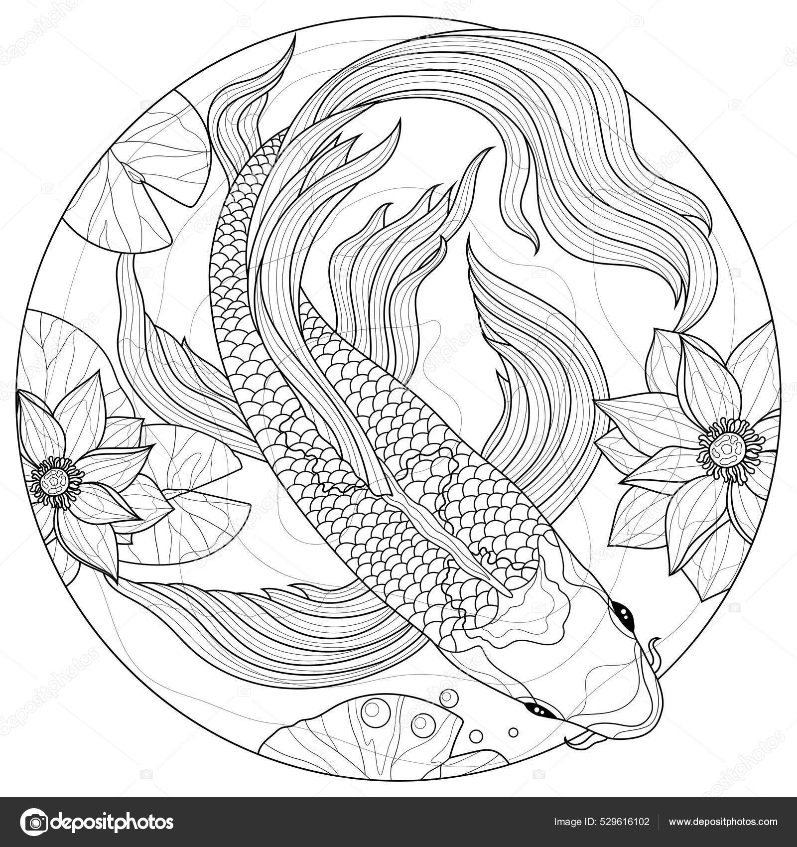 Koi carp fish lotuses coloring book antistress children adults zen stock vector by vlasenkoekaterinkagmail