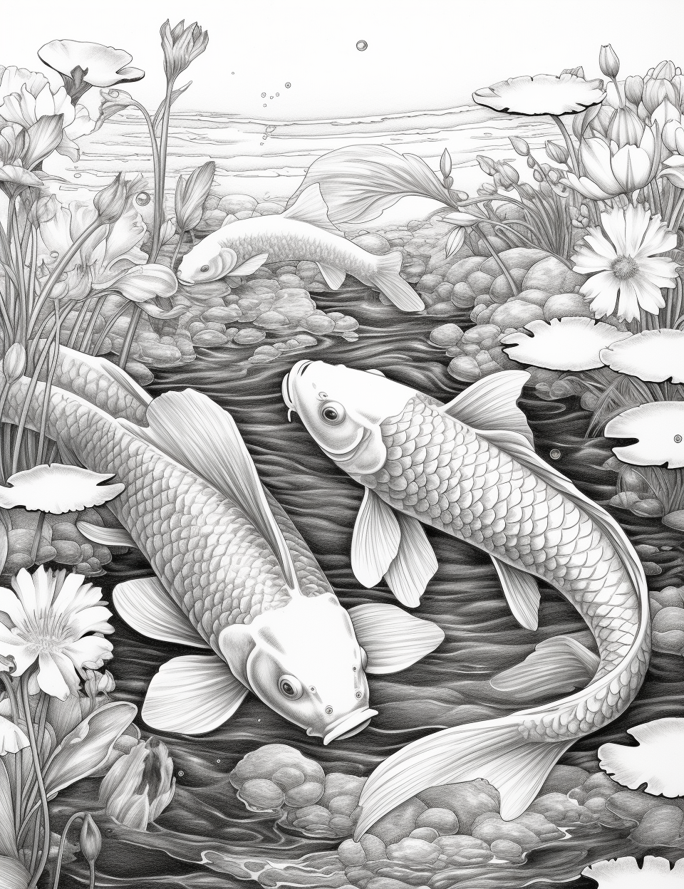 Tranquil koi pond grayscale adult coloring pages printable pdf ins â coloring