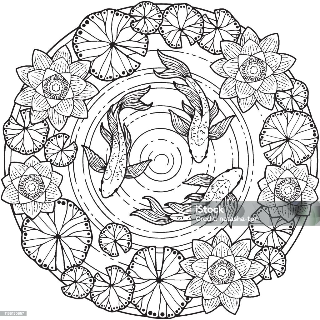 Vector coloring page for adult tropical summer pattern background with koi fish and lotos flower stock illustration