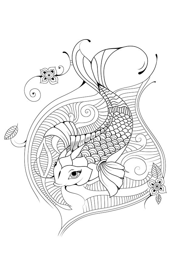 Koi carp coloring page japanese zen doodle illustration