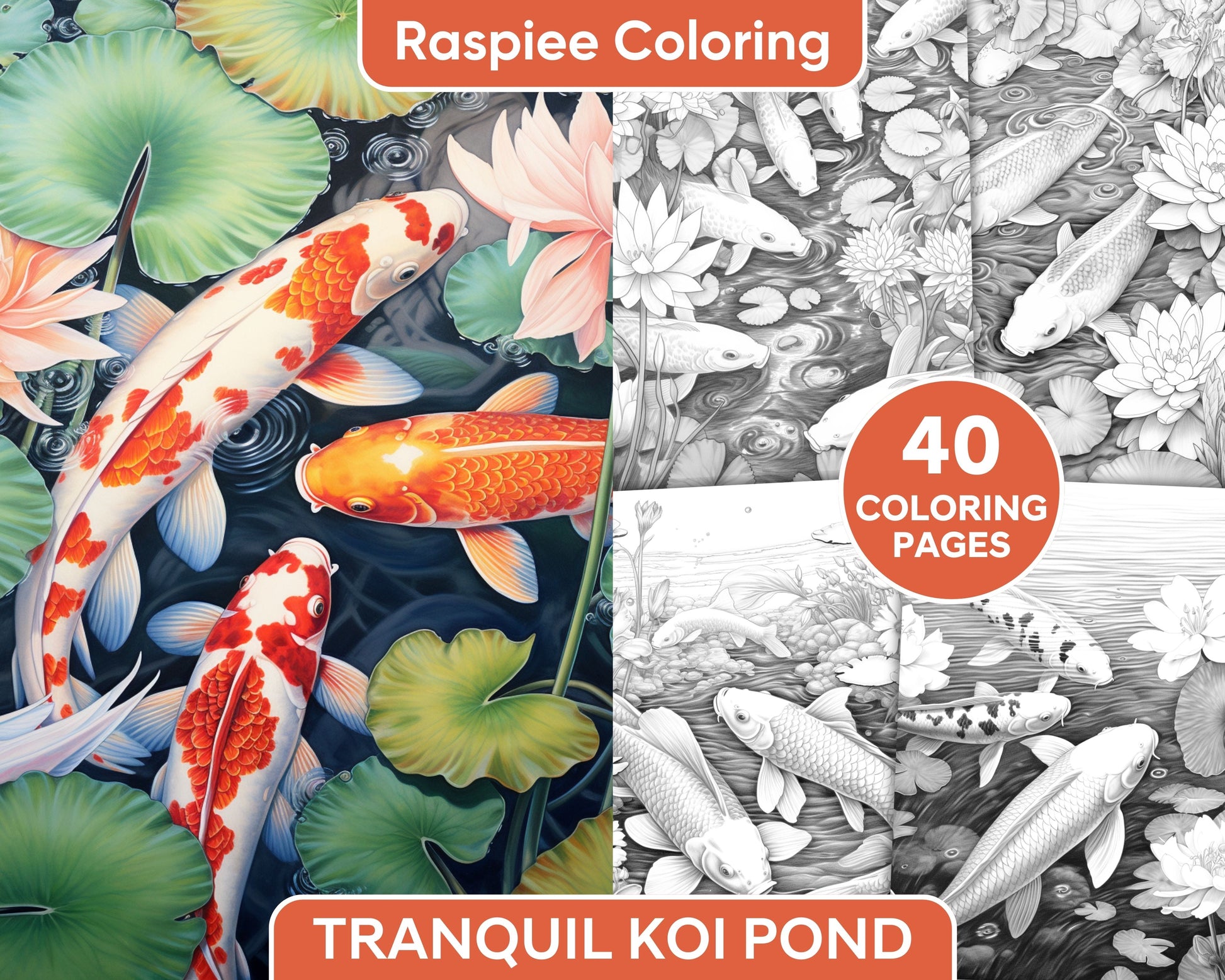 Tranquil koi pond grayscale adult coloring pages printable pdf ins â coloring