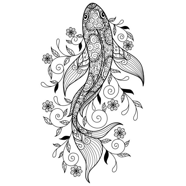 Zen doodle koi fish tangles adult coloring page illustration style stock illustration