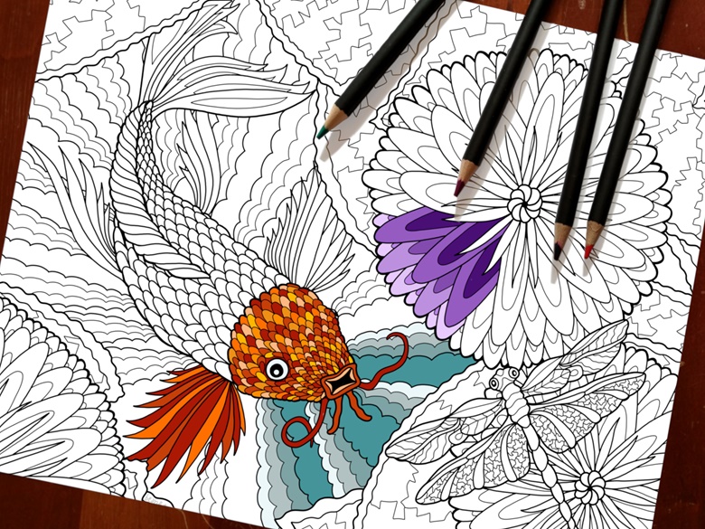 Koi and dragonfly coloring page