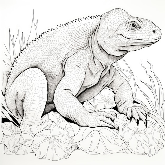 Premium ai image black and white coloring picture of a komodo dragon