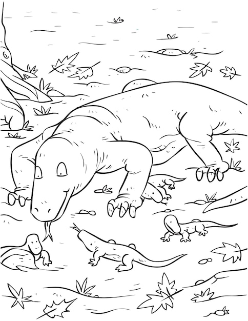 Premium vector beautiful cute coloring page and coloring book for kids and adults with komodo dragon with hatchling