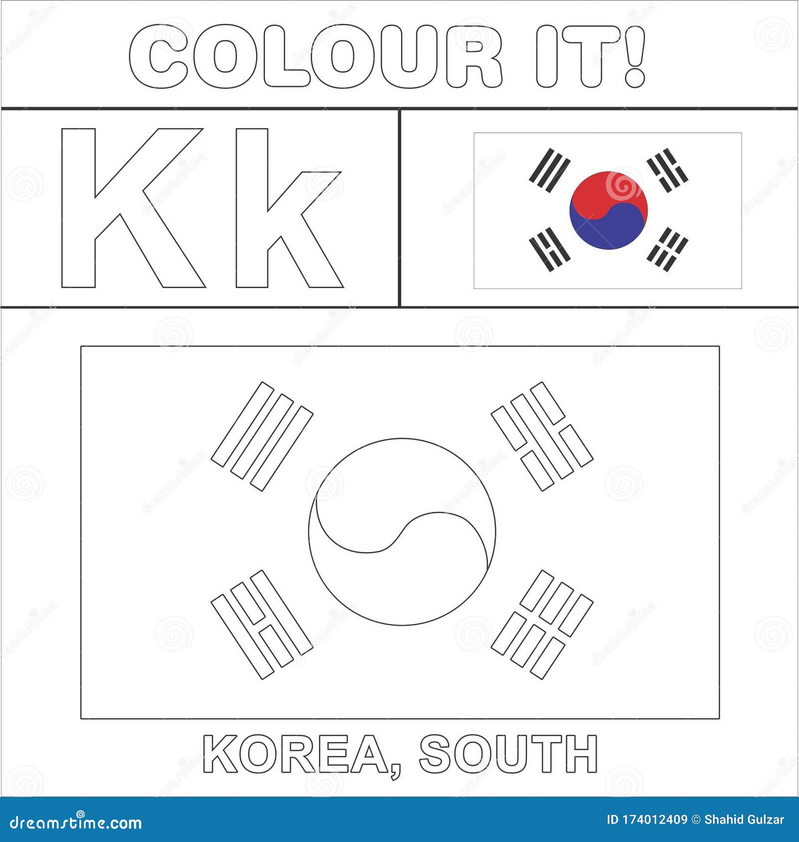 Colour it kids colouring page country starting from english letter k korea south how to color flag stock illustration