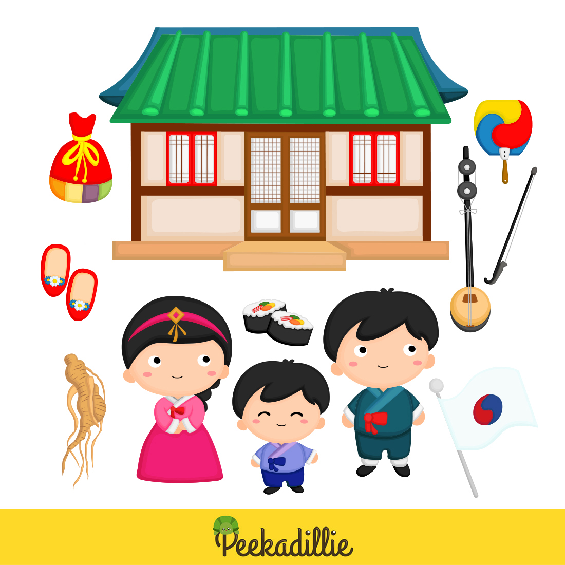 Cute korean couple family traditional traditition culture hanbok hanok national flag cartoon illustration vector clipart