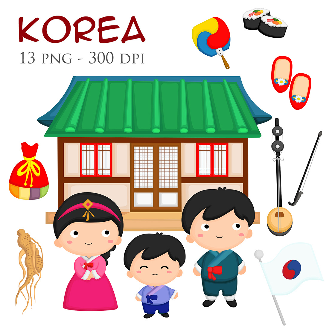 Cute korean couple family traditional traditition culture hanbok hanok national flag cartoon illustration vector clipart