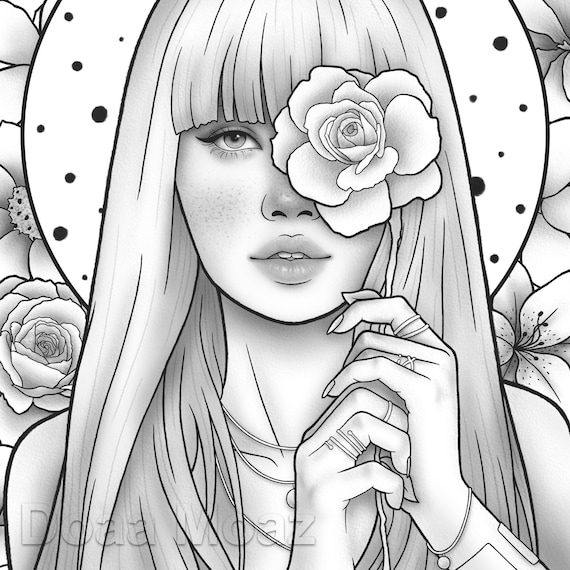 Printable coloring page korean girl floral fantasy portrait