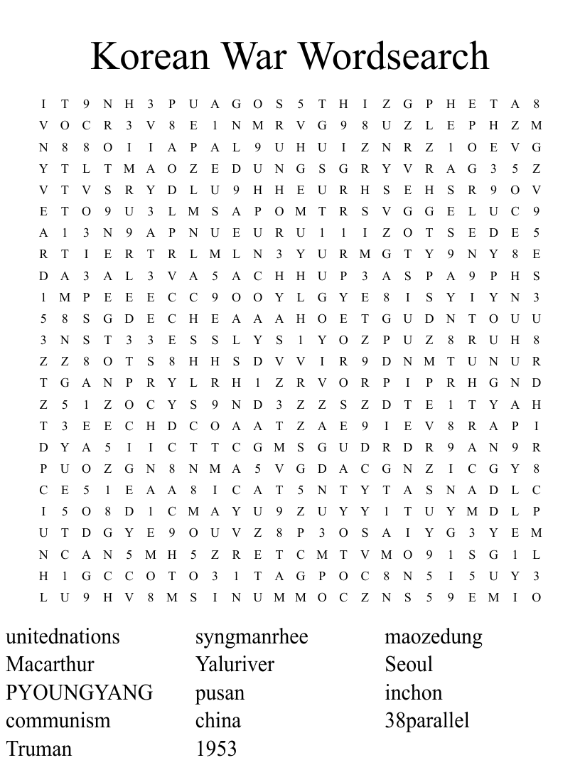 Korean war wordsearch