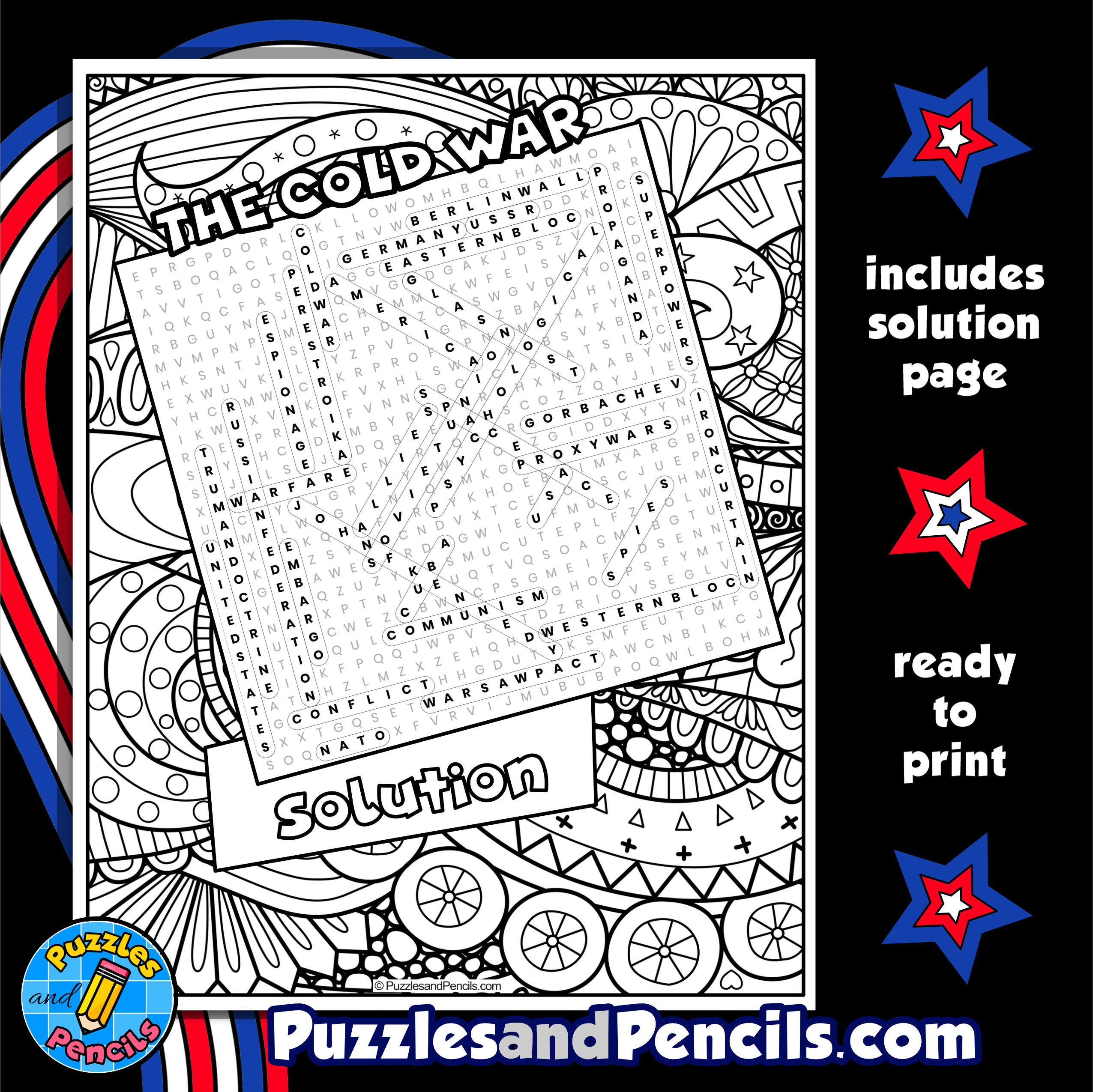 The cold war word search puzzle with coloring us history wordsearch made by teachers