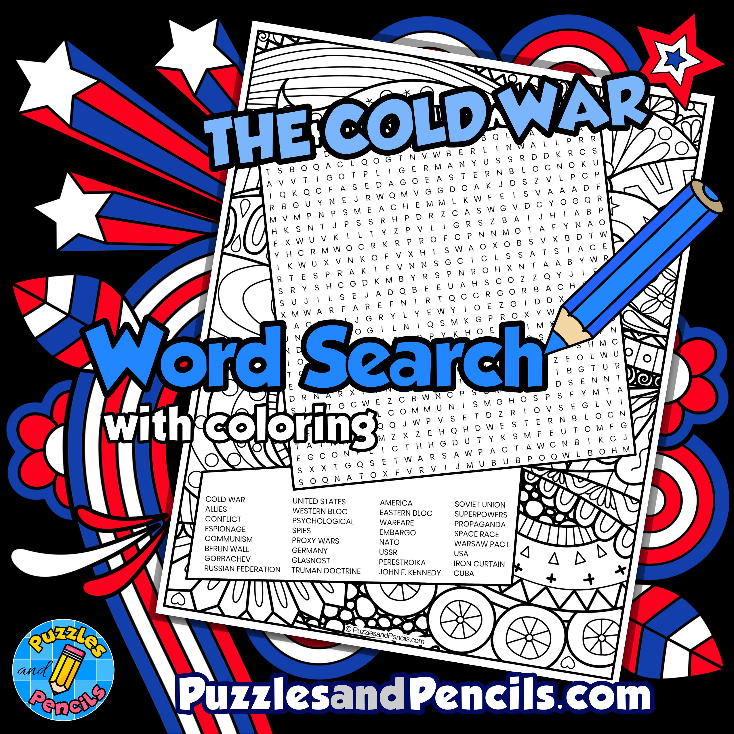 The cold war word search puzzle with coloring us history wordsearch made by teachers