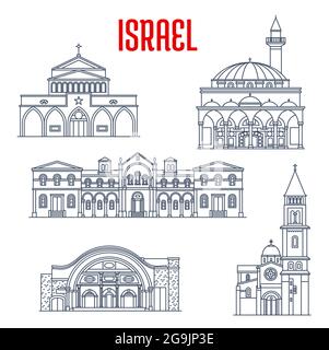 Israel landmarks jerusalem architecture buildings vector historic sightseeing israel landmark icons wailing wall kotel or kosel in jerusalem islam stock vector image art