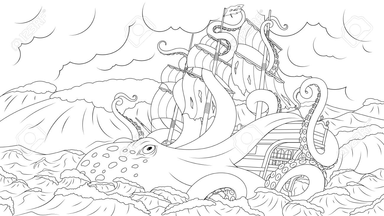 Vector illustration large octopus kraken attacks the ship coloring book royalty free svg cliparts vectors and stock illustration image