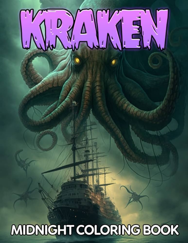 Midnight kraken coloring book scary sea monster coloring pages on black background with fantasy illustrations to relax and relieve stress clay rosanna books