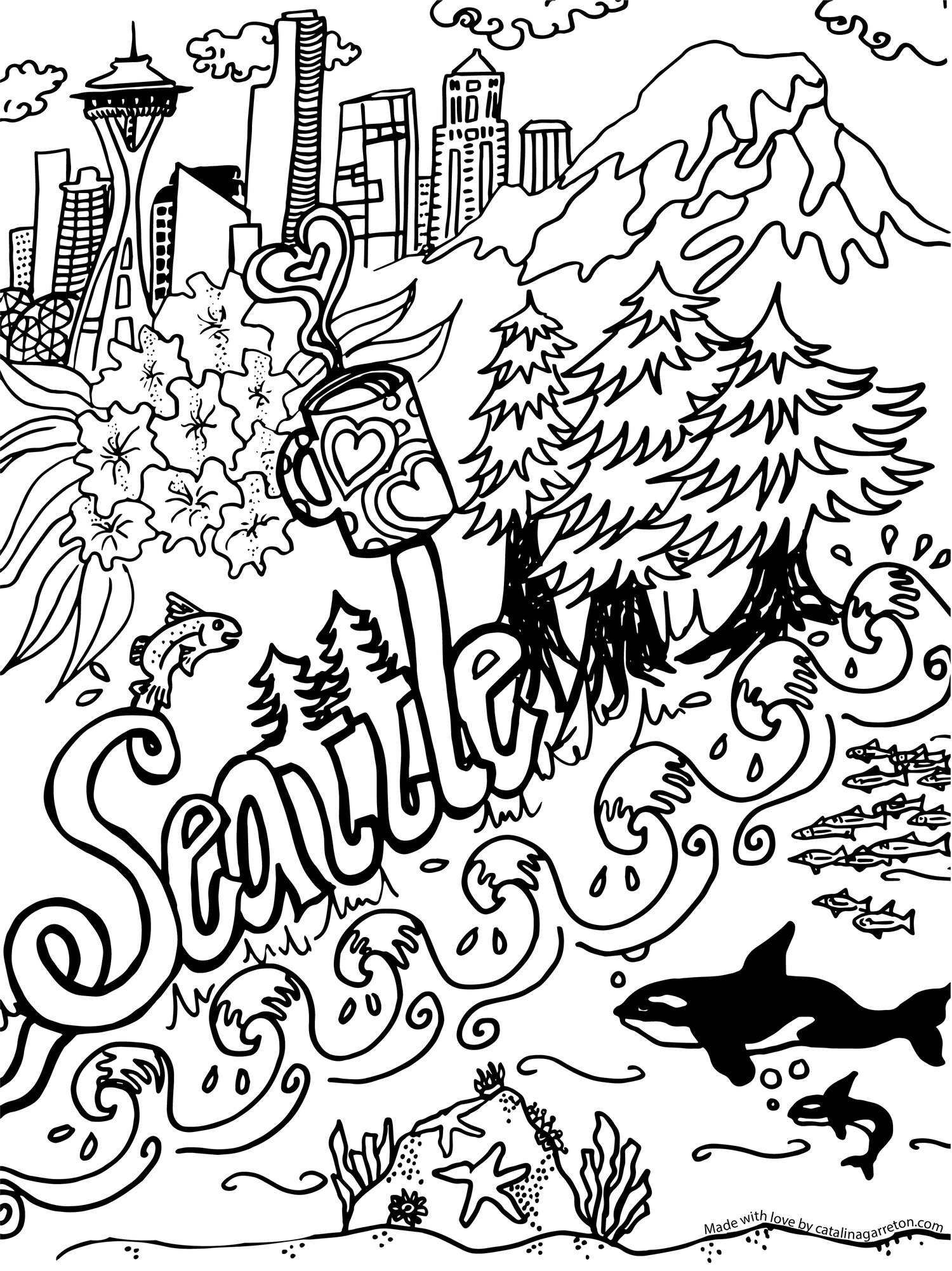 Free downloadable seattle coloring page for kids and adults â catalina garretãn art design