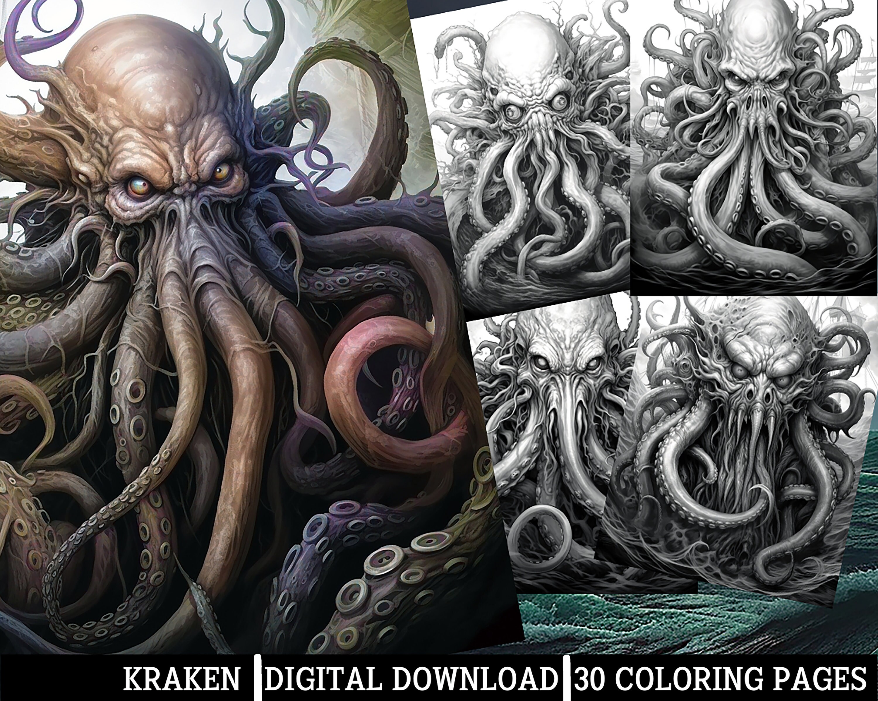 The kraken coloring pagesfor adults instant download grayscale coloring page printable pngjpeg coloring for adults horror sea themed