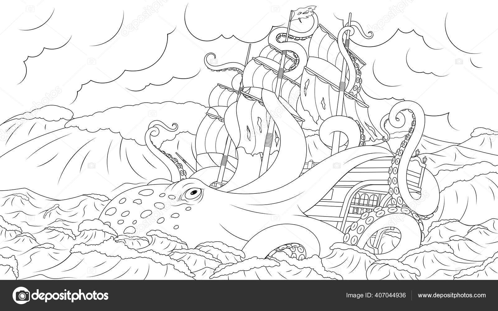 Large octopus kraken attacks the ship stock vector by andreymakurin