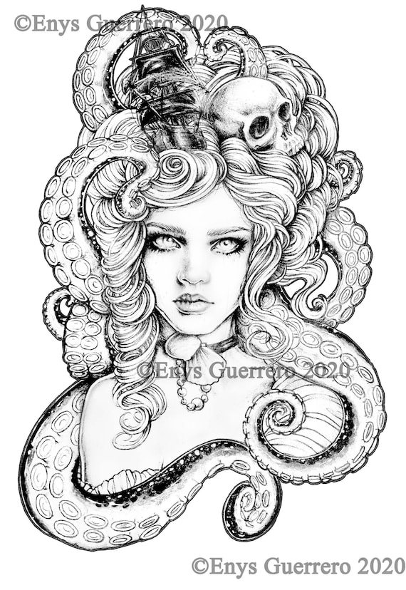 Kraken coloring page goth fantasy printable download jpg by enys guerrero