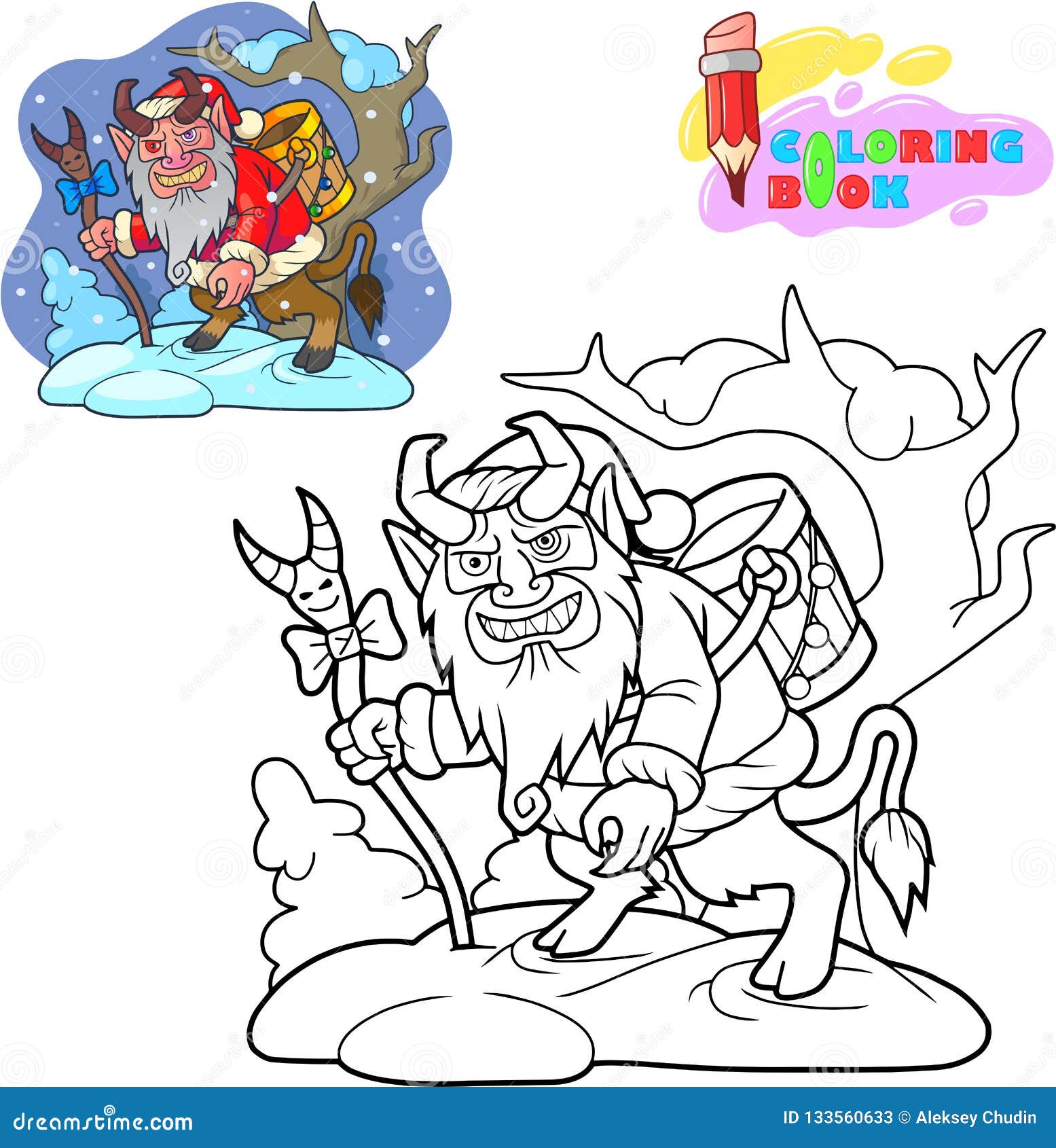 Krampus is looking for children coloring book funny illustration stock vector