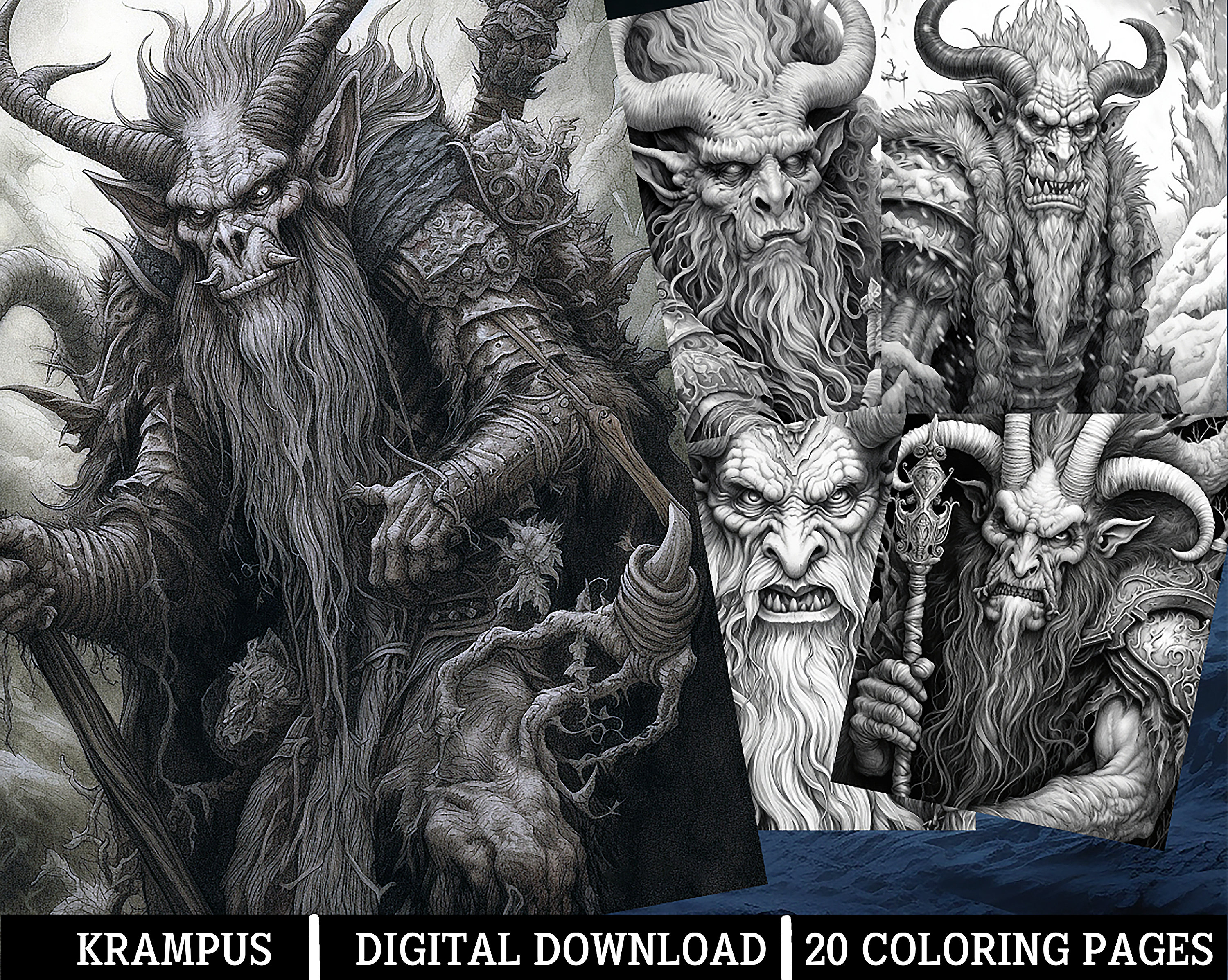 Krampus coloring pages for adults instant download grayscale coloring page printable pngjpeg color grading horror themed mystic art