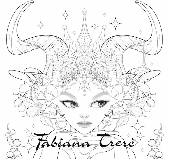 Krampus princess fantasy christmas coloring page grayscale line art digital stamp instant download coloring page for adults