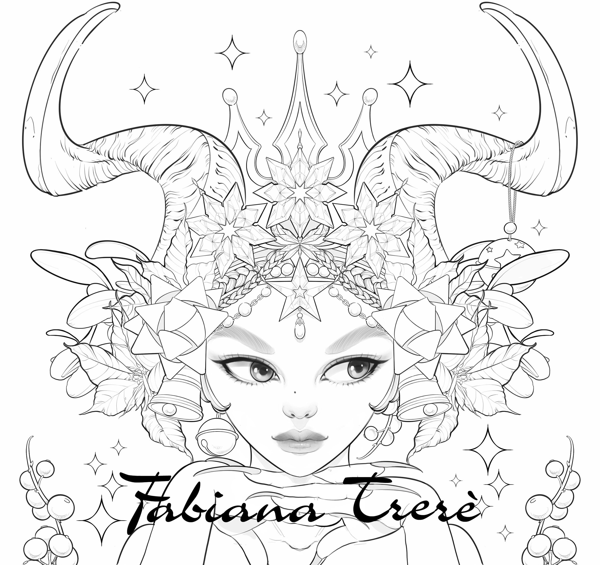 Krampus princess fantasy christmas coloring page grayscale line art digital stamp instant download coloring page for adults