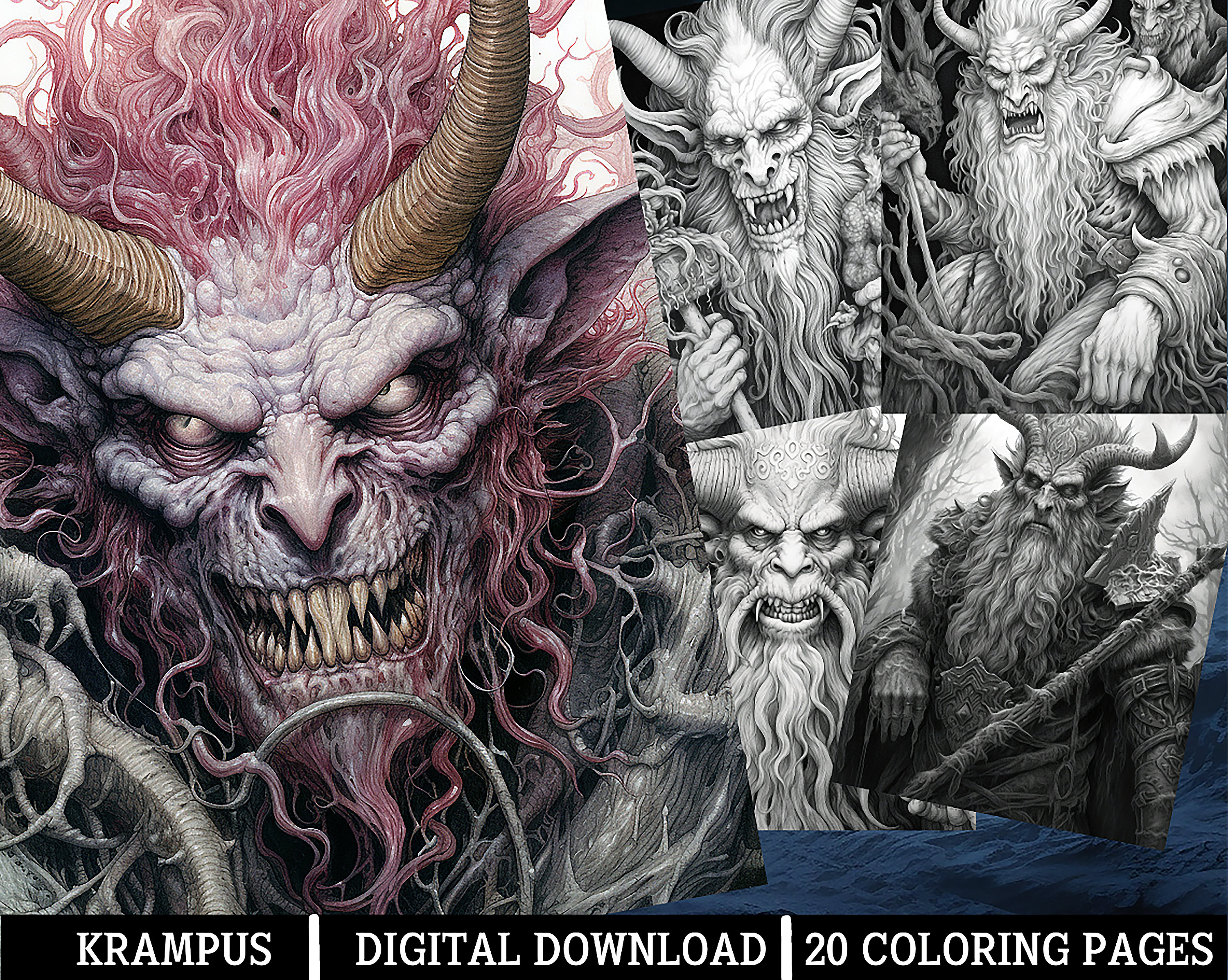 Krampus coloring pages for adults instant download grayscale coloring page printable pngjpeg color grading horror themed mystic art