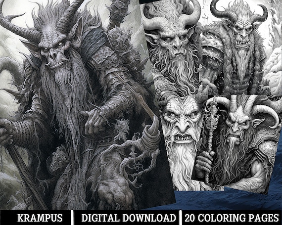 Krampus coloring pages for adults instant download grayscale coloring page printable pngjpeg color grading horror themed mystic art