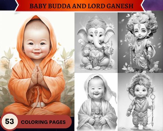 Baby buddha lord ganesh lord krishna lord hanuman goddess durga grayscale coloring pages printable adult coloring pages printable pdf