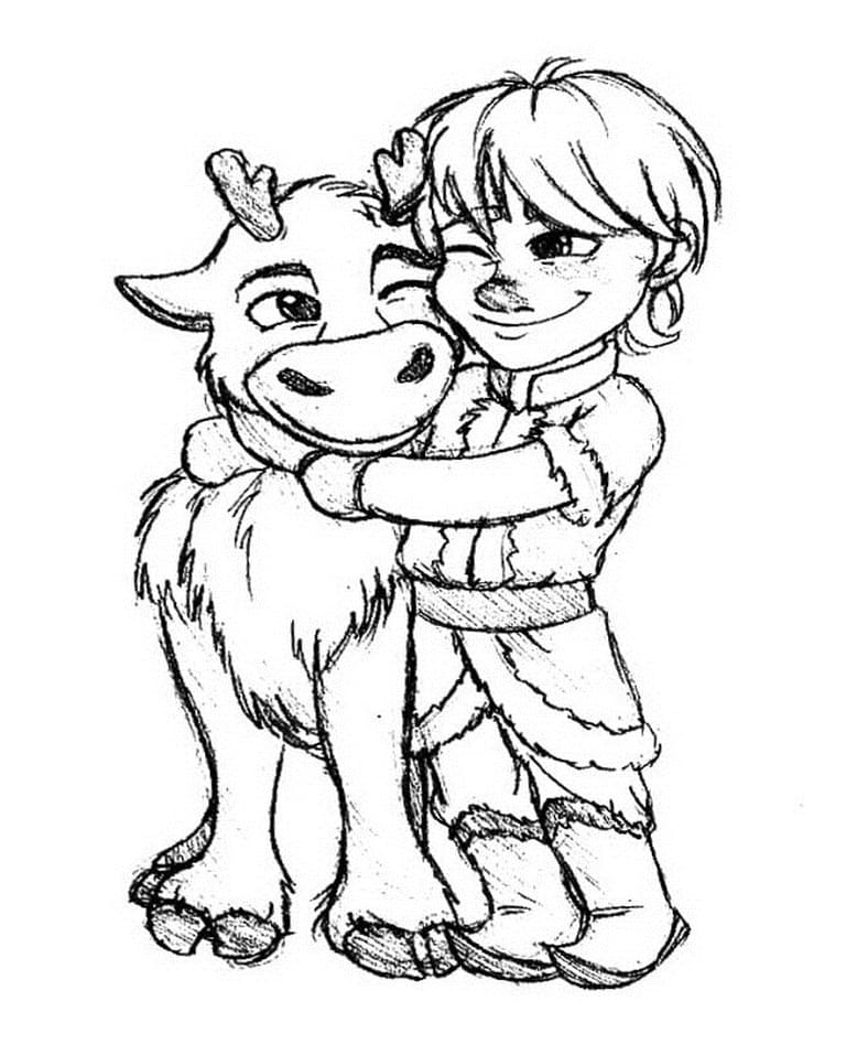 Cute kristoff and sven coloring page